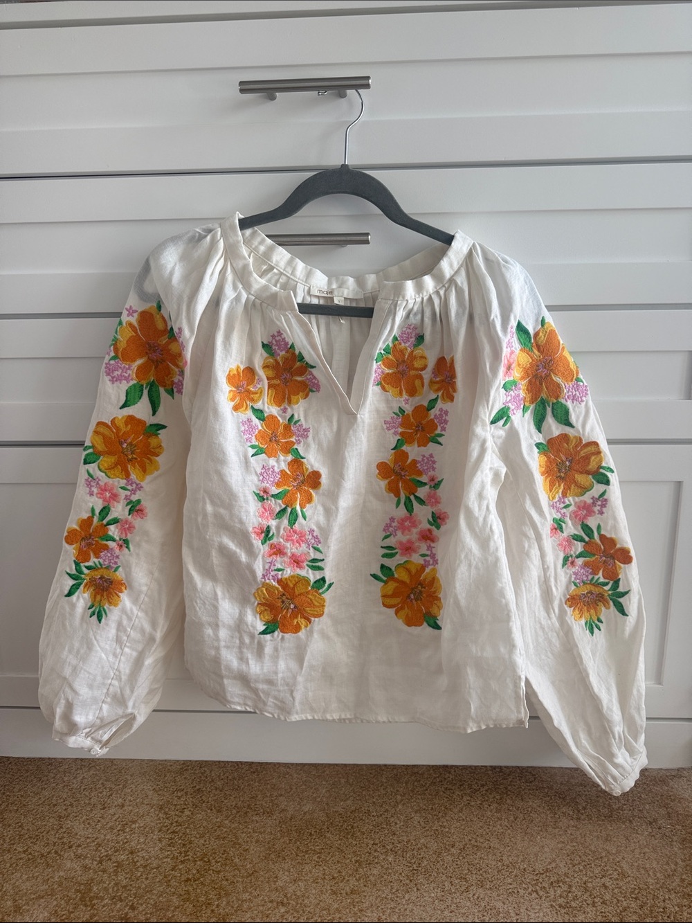 Maje White Peasant Blouse with Floral embroidery size 1